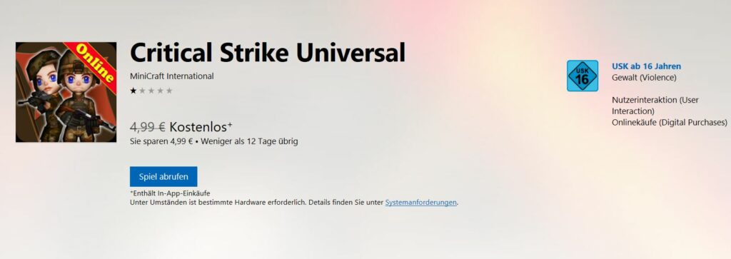 Critical Strike Universal: FPS-UWP Game zur Zeit kostenlos im Windows 10 und Mobile Store