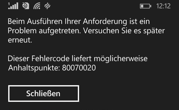 Windows Phone 8.1 Store mit Downloadfehler 80070020