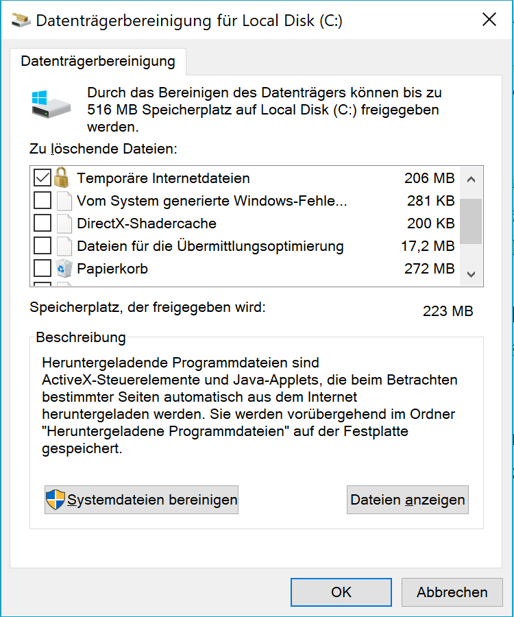 Datenträgerbereinigung in Windows 10