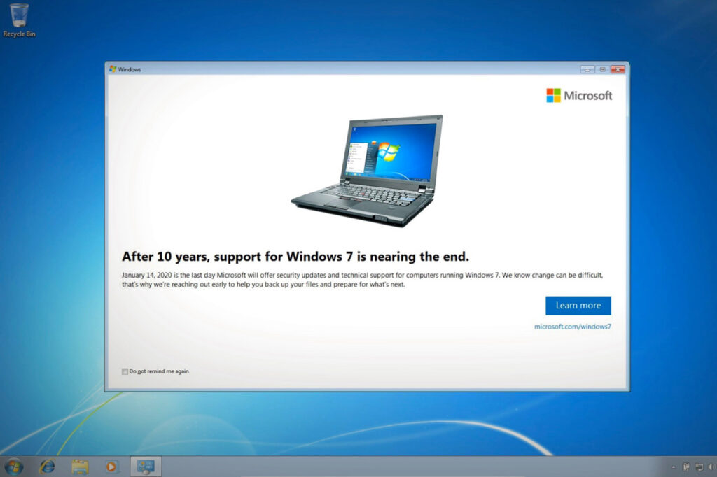 Windows 7 macht mit Banner auf Support-Ende aufmerksam